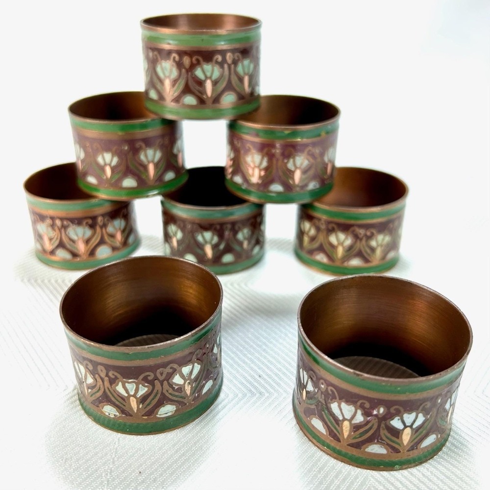 8 - VTG Copper Metal Purple & Green Inlay Cloisonne-Style Napkin Rings - Boho
